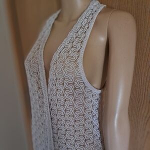Beige Wallflower Long Crochet Sheerish Open Front Vest w/  Fringe Hem OS